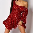 thumbnail image 4 of Vestido Corto Bohemio con Hombros Descubiertos, Mangas Abullonadas y Estampado Floral para Mujer, Corte A, Minivestidos Rojo L, 4 of 7