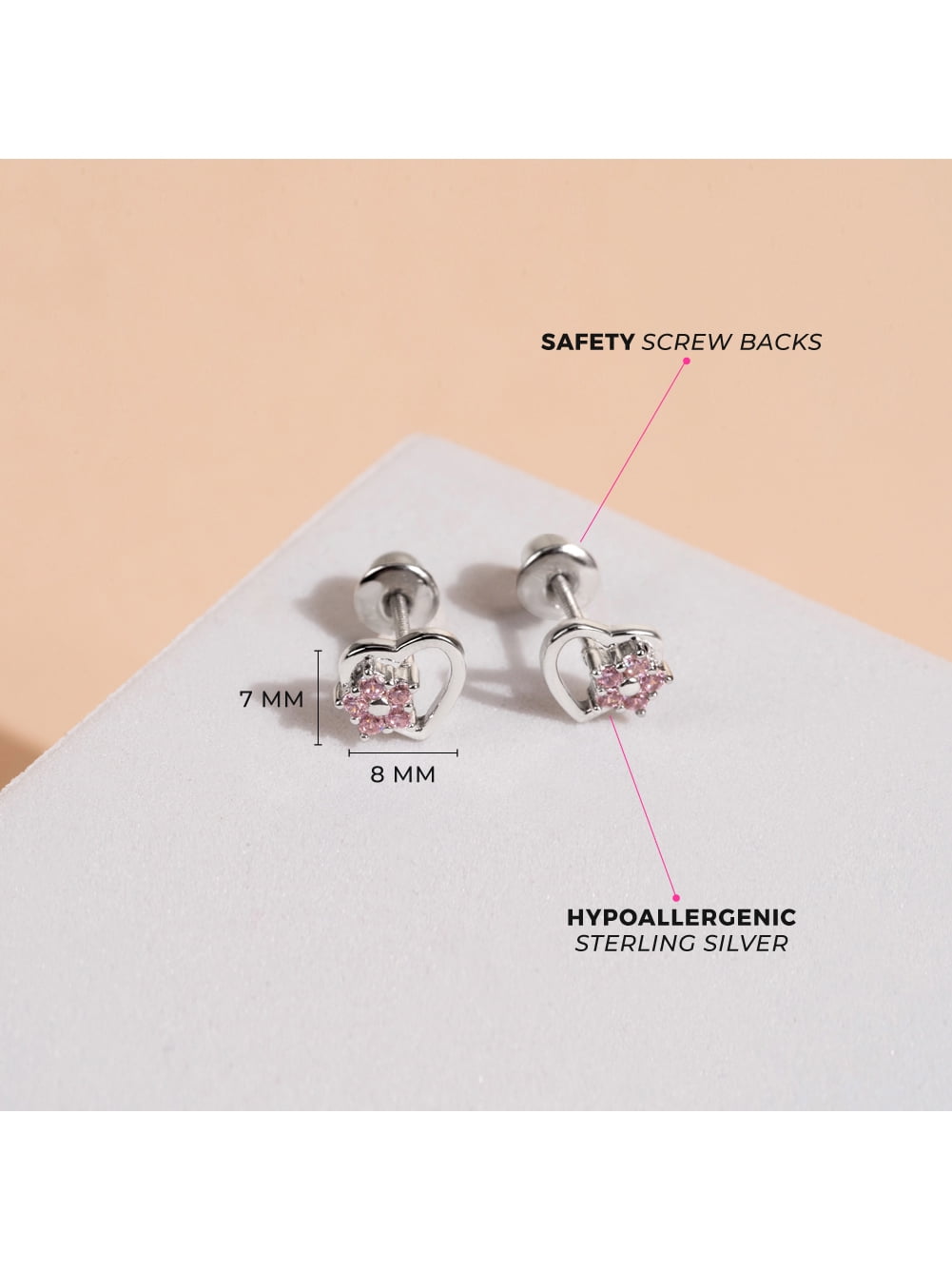 Heart & Flower Pink Baby / Toddler / Kids Earrings Screw Back - Sterling Silver