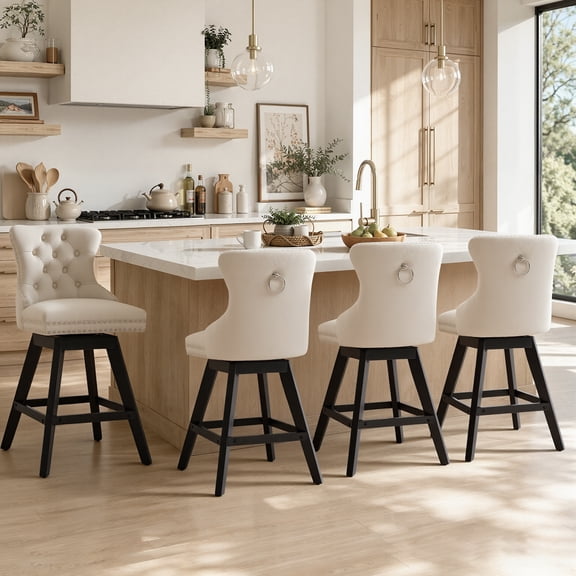 Swivel Bar Stools With Back Sets of 4, LEGAHOME Farmhouse Beige Bar Stools for 34–38" Kitchen Island, 26" Velvet Upholstered Barstools Counter Stools for Breakfast, 4 PCS