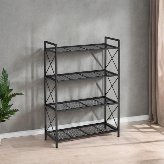 Ink Black 4 - Tier Metal Storage Rack with X Side Frames and Dense Mesh, Sized 12.6 x 31.5 x 44.3 Inches. Ideal Industrial Style Shelving Unit