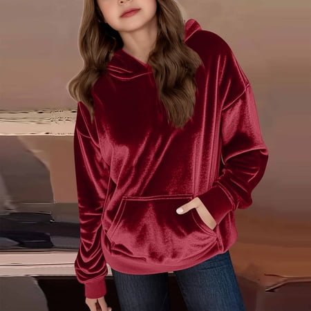 GiLiling Kids Girls Cute Vintage Velvet Hoodie Pullover Sweatshirt Long Sleeve Soft Warm Comfy Trendy Fall Winter Top Clothes (Red 6-7 Years)