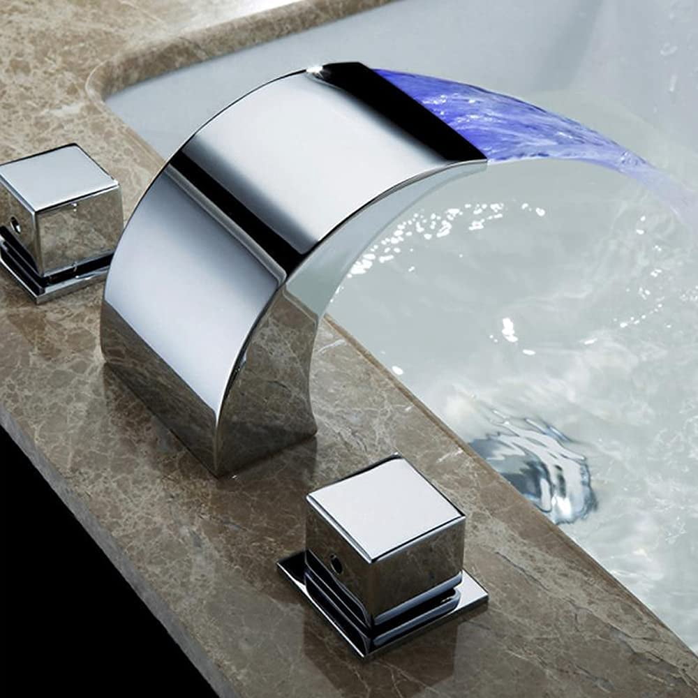 Miumaeov Led Waterfall Faucet, 3 Colored Changing Bathroom LED Light Sink Faucet, LED Light Faucet with Dual Handles & 3 Holes, Premium Brass Body Bathroom Sink Faucet