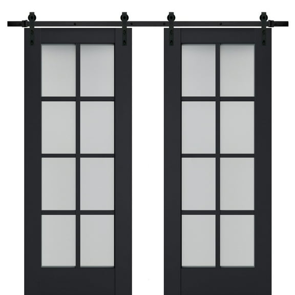 Sturdy Double Barn Door with Frosted Glass | Veregio 7412 Antracite | 13FT Rail Hangers Heavy Set | Solid Panel Interior Doors-36" x 96" (2* 18x96)-Black Rail
