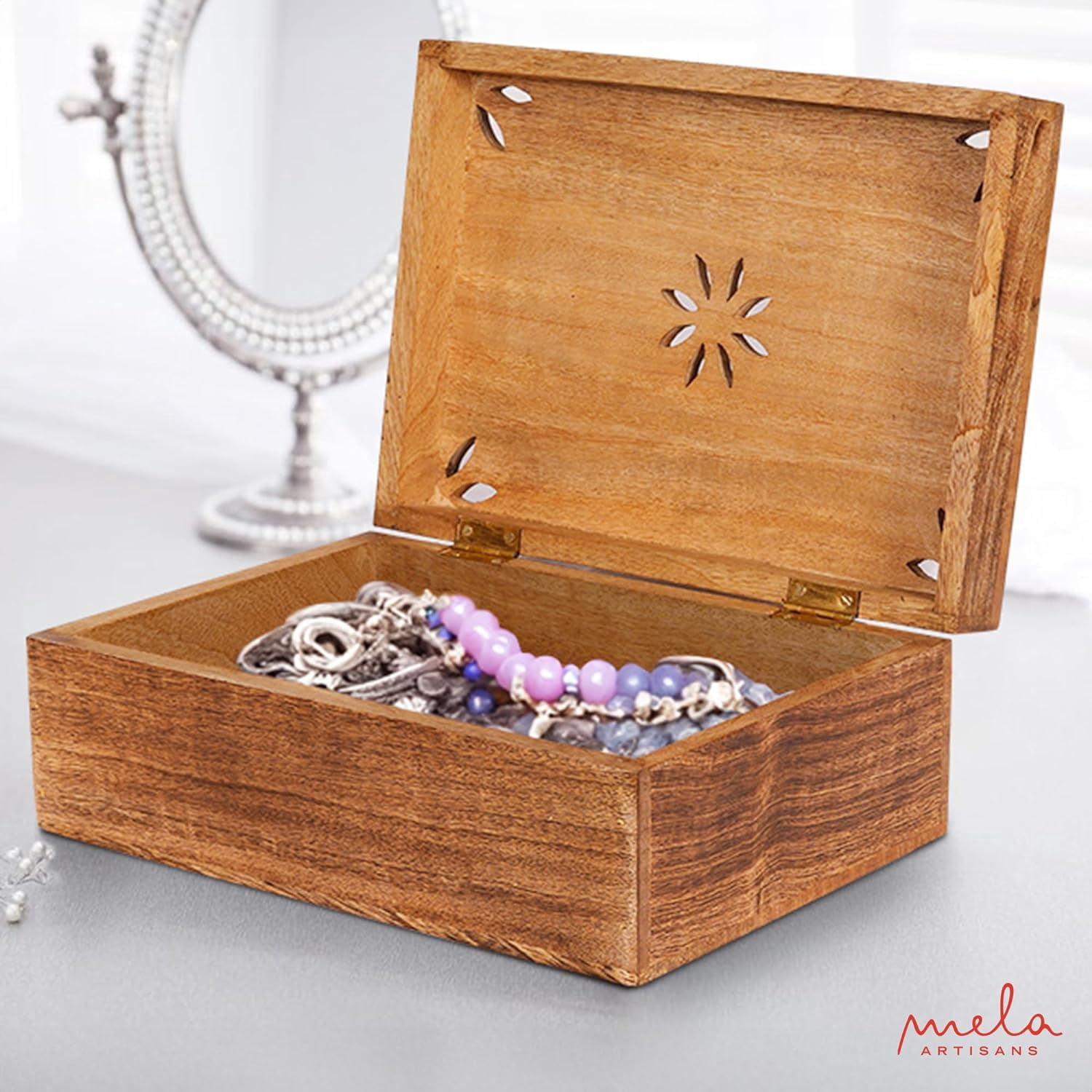 Mela Artisans Decorative Medium Burnt Mango Wood Box with Lid, Extra Large Wooden Box, XL, 10.5" x 7.5" x 4"