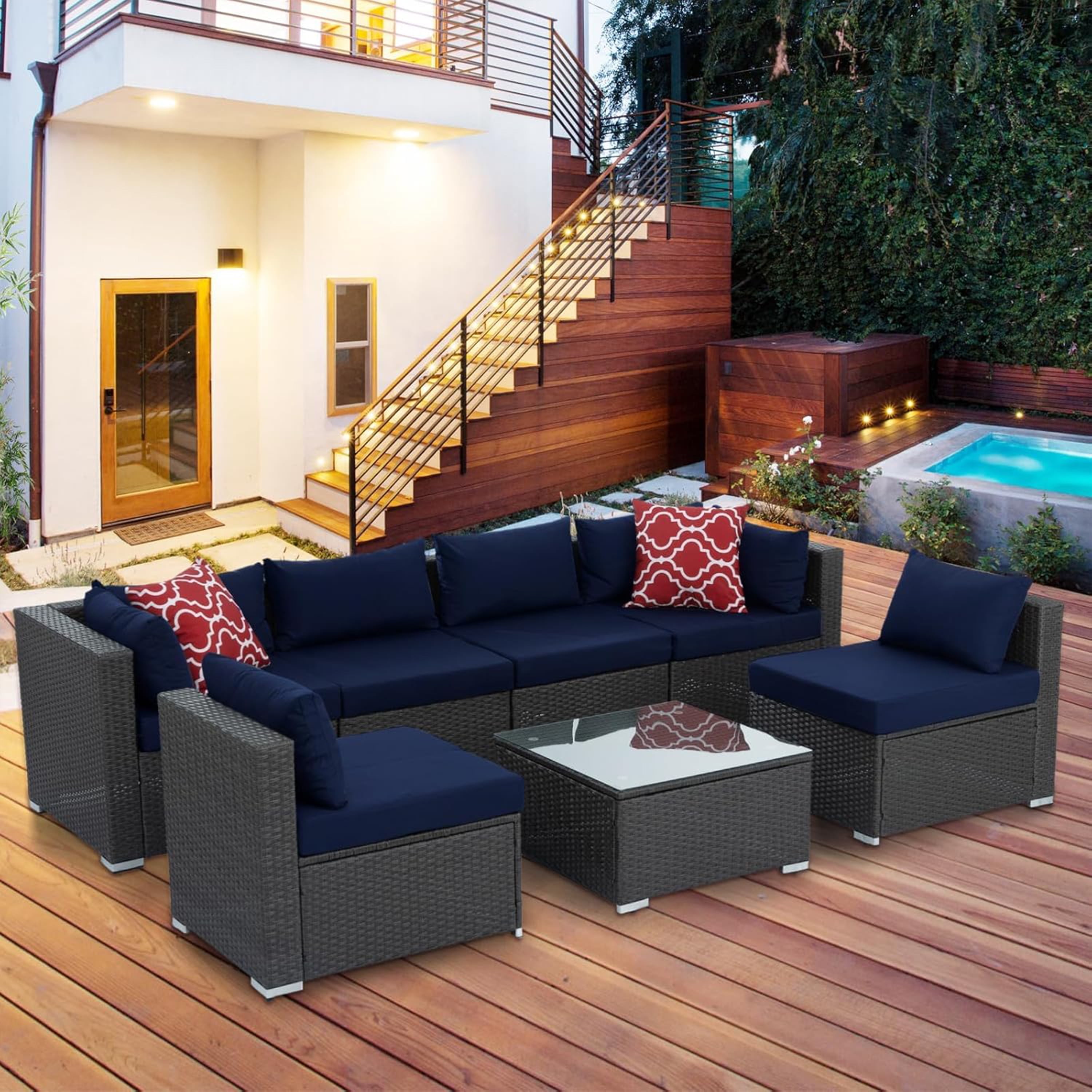 Furnibear 7 Pieces Outdoor Patio Sectional Sofa Couch, Black Wicker Patio Furniture Conversation Sets with Washable Cushions & Glass Coffee Table for Garden, Poolside, Backyard