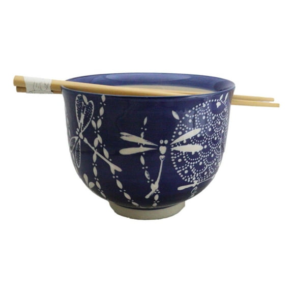 Auspicious Blue Tombo Dragonfly Ceramic Donburi Ramen Bowl With Chopsticks Set