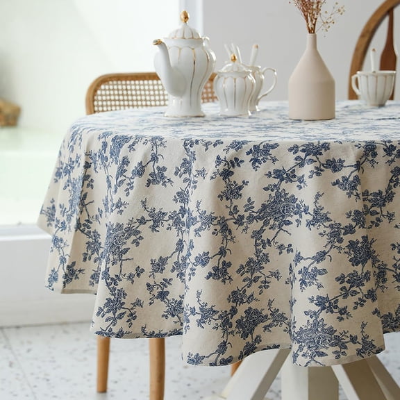 60in Round Dark Blue Floral Pastoral Farmhouse Tablecloth Cover