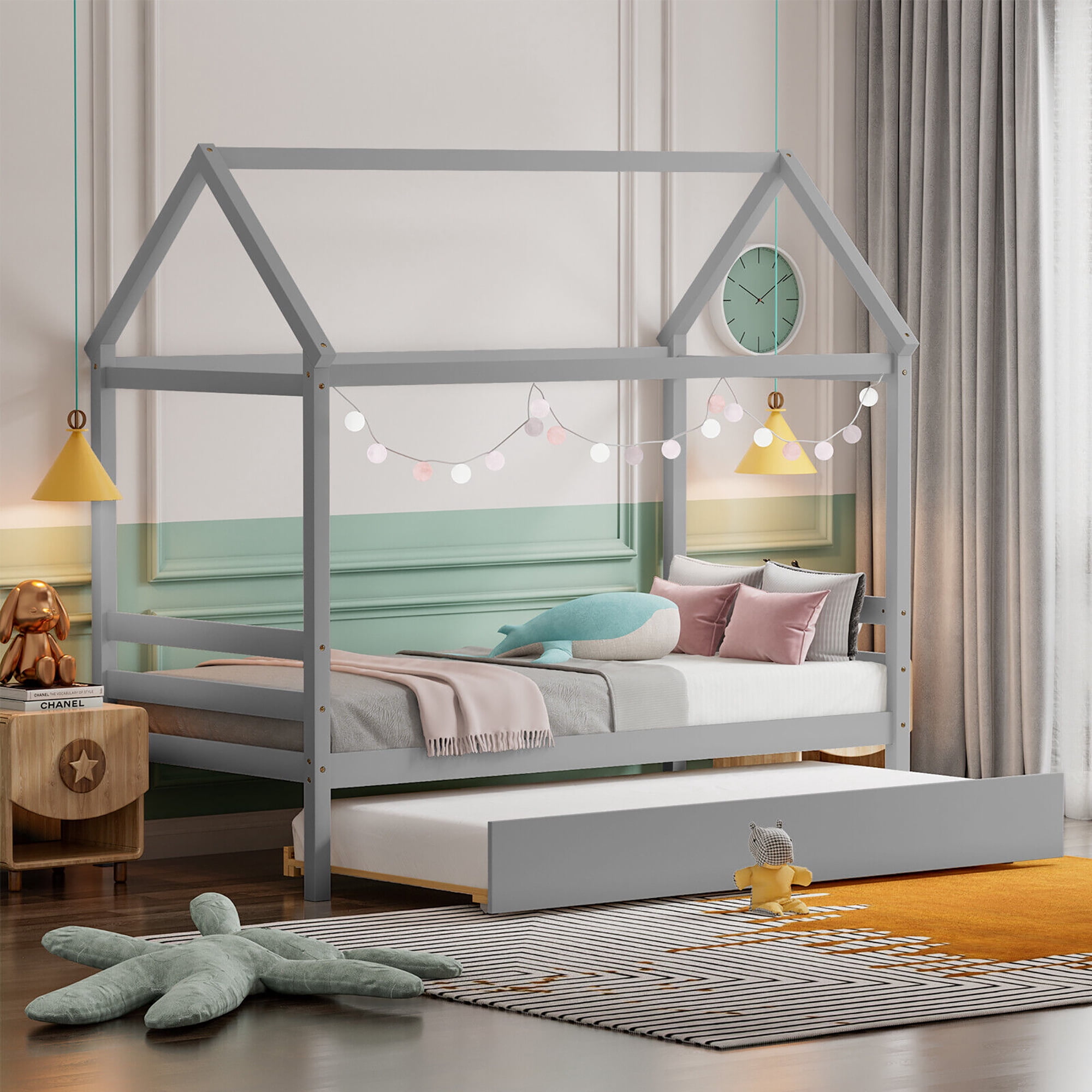 Gymax Twin House Bed Frame w/ Trundle Roof Wooden Platform Mattress Foundation Grey