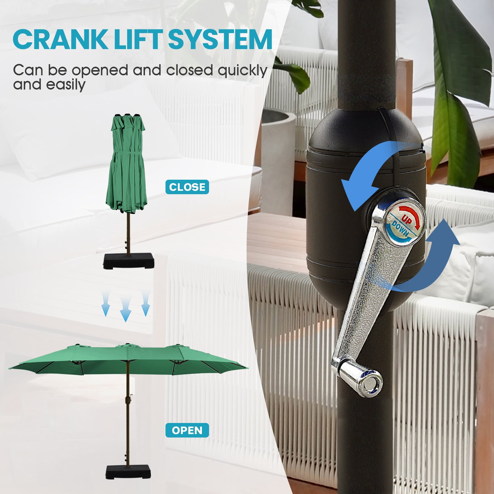 Aoodor 15ft Large Patio Umbrella with Base Stand, Outdoor Double-Sided Rectangle Umbrella - Green