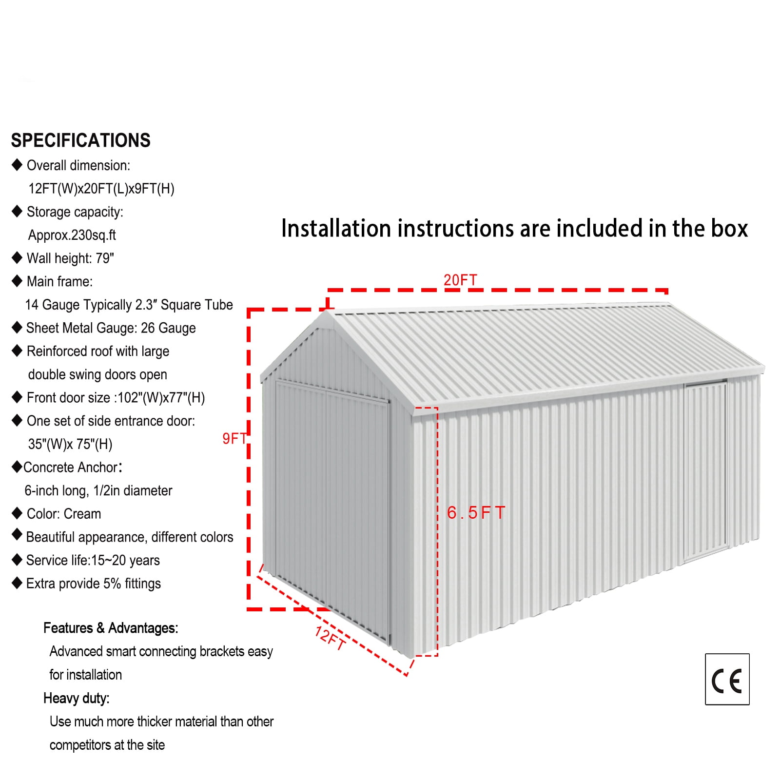 Chery Industrial 12FT x 20FT Single Garage Metal Shed – Heavy-Duty Double Door Outdoor Storage Unit for Vehicles, Tools & Equipment