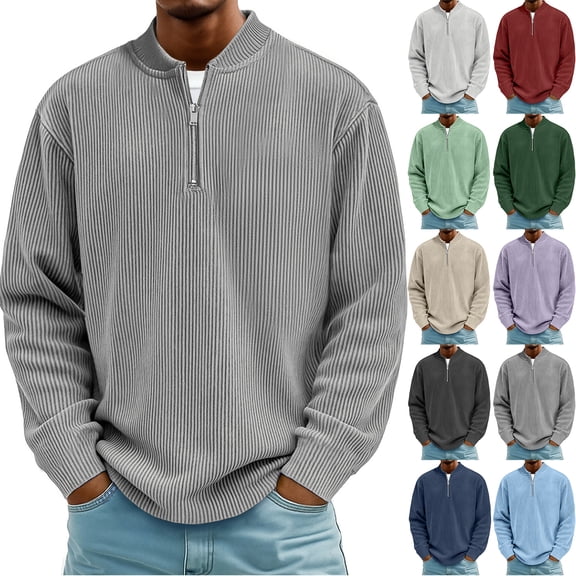 Qwertyu Men's Quarter Zip Pullover Corduroy Lightweight Stand Collar Casual Retro Sweatshirt Long Sleeve Solid Color Tops Dark Green 3XL