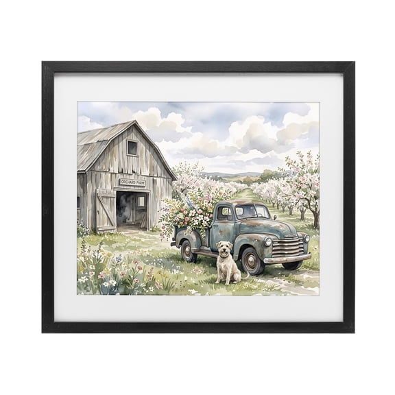 Stupell Industries Farmhouse Spring Orchard and Truck Black Framed Print Under Glass, 16 x 13, by Tabz Jones