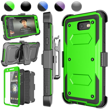 Galaxy Halo Case, Galaxy J7 Sky Pro / Perx Case, J7 V/J7 Prime Holster Clip, Njjex [Green] [Built-in Screen] with Kickstand + Holster Belt Clip Carrying Armor Case Cover For Samsung J7