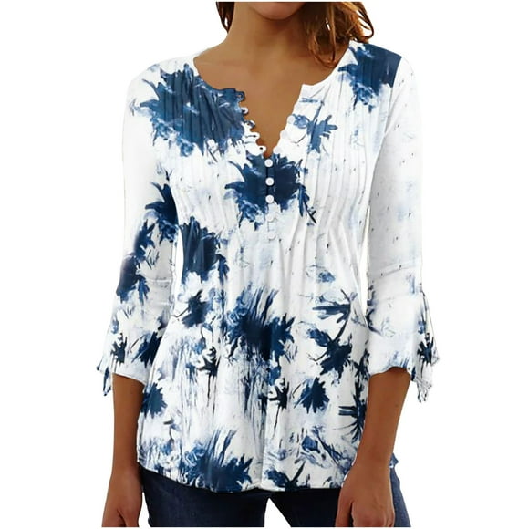 Moxiu Womens 3/4 Bell Sleeve Summer Tops for Women 2025 Trendy Boho Floral Print Tunic Shirts Henley Button V Neck Tshirt Casual Loose Blouse Dark Blue,XXL