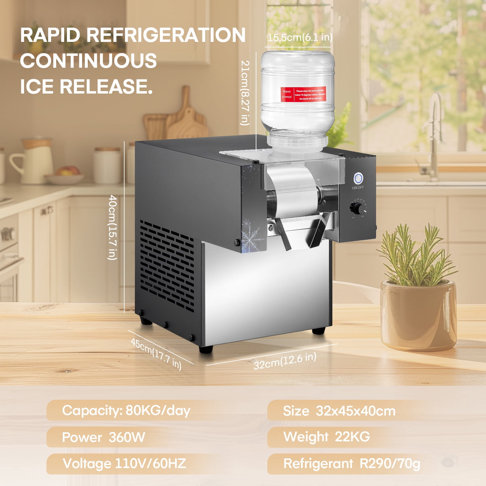 FOHERE Commercial Countertop Snowflake Ice Maker, 176LBS/24H Output, Stainless Steel Construction, Silver