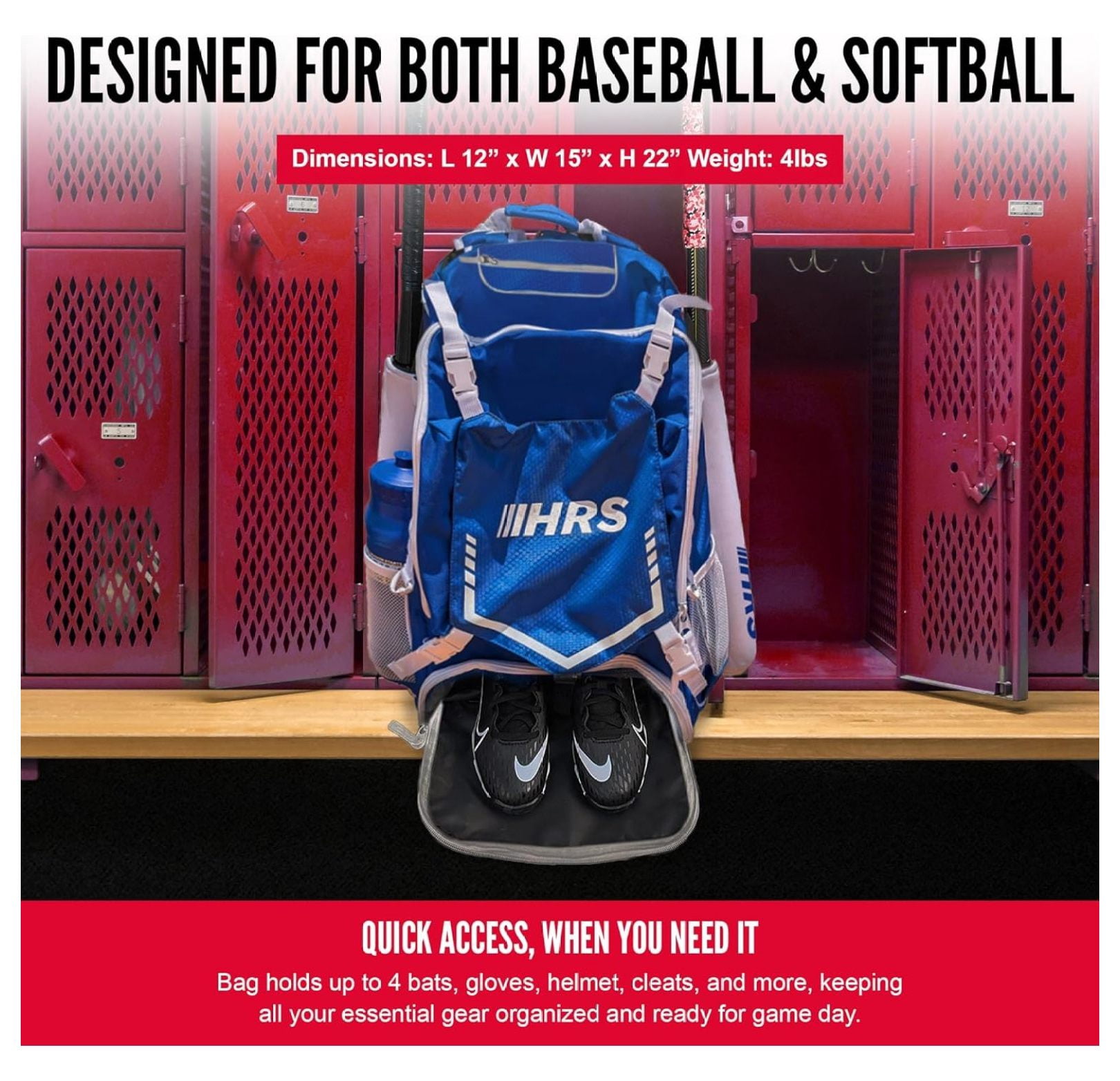 Baseball Bag, Softball Bat Bag for Youth & Adult. Holds 4 Bats, Glove, Water Bottle, Shoe Compartment, Helmet, Fence Hook for Equipment & Gear
