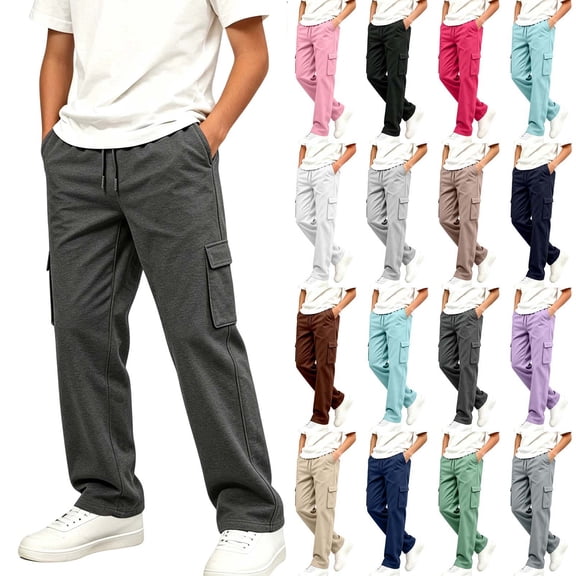 LONKITO Boys Cargo Pants Casual Straigh Leg Fleece Sweatpants with Pockets Drawstring Elastic Waist Size 5-6 Years