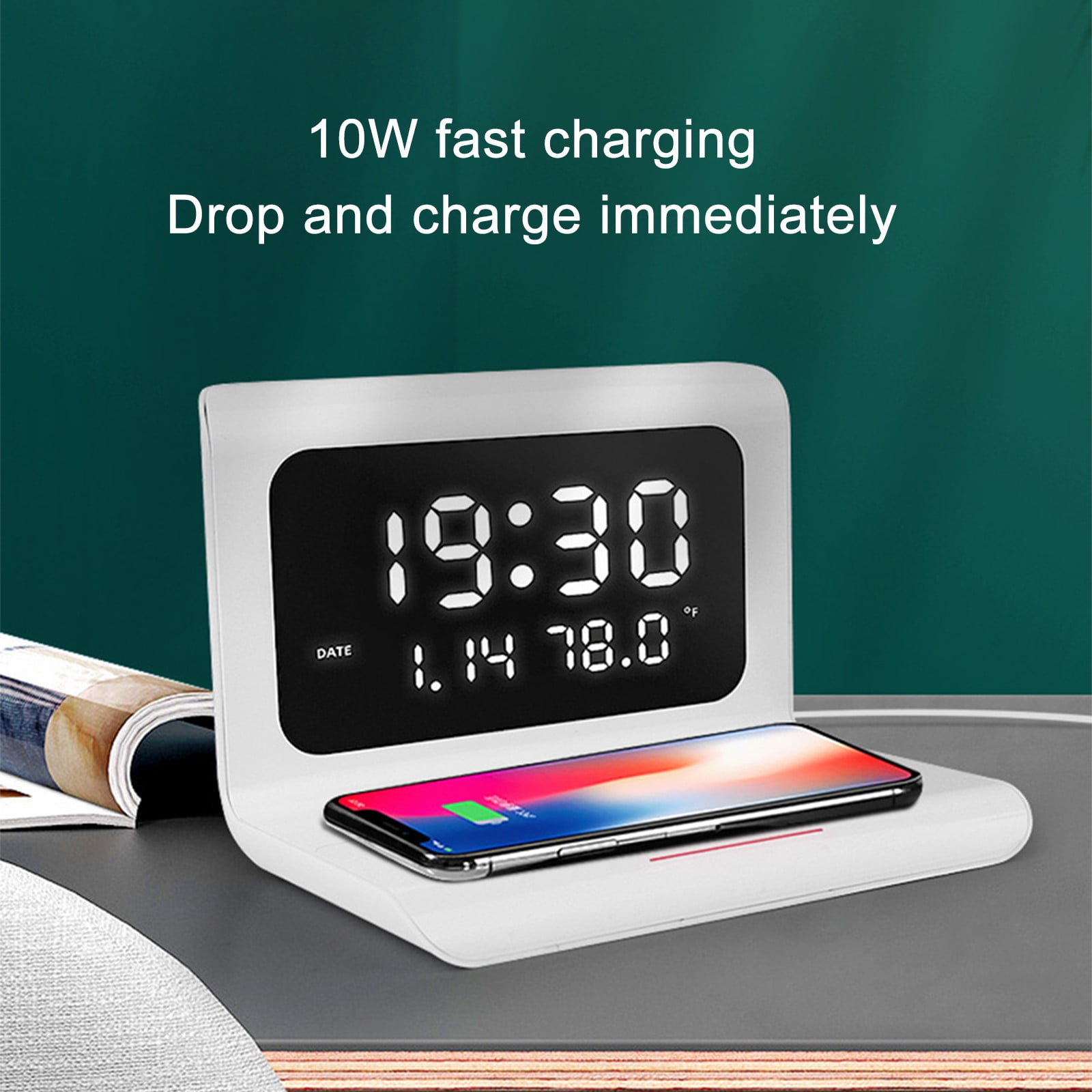 cpengpj Alarm Clock with Wireless Charging, 6 Inch Dimmable LED Display, Digital Calendar, Temperature and Date Display, USB Charging Port for Smartphones and Devices