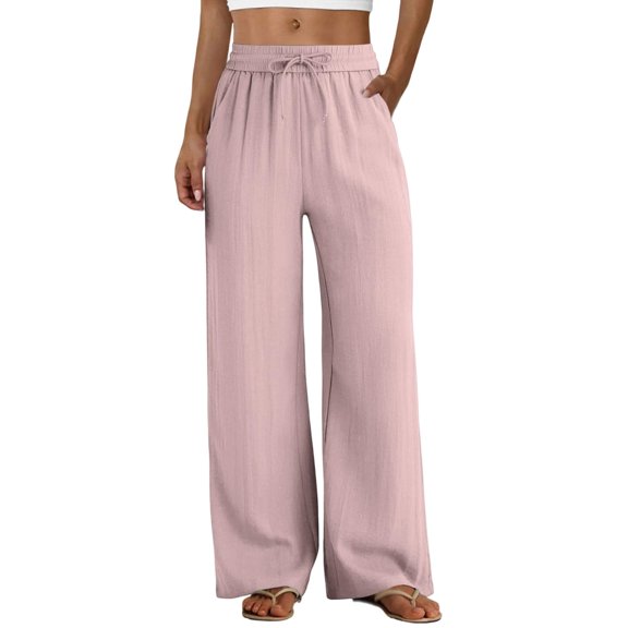 RFQWOVSR Women's High Waist Drawstring Wide Leg Linen Pants with Pockets Loose Fit Casual Summer Trousers S