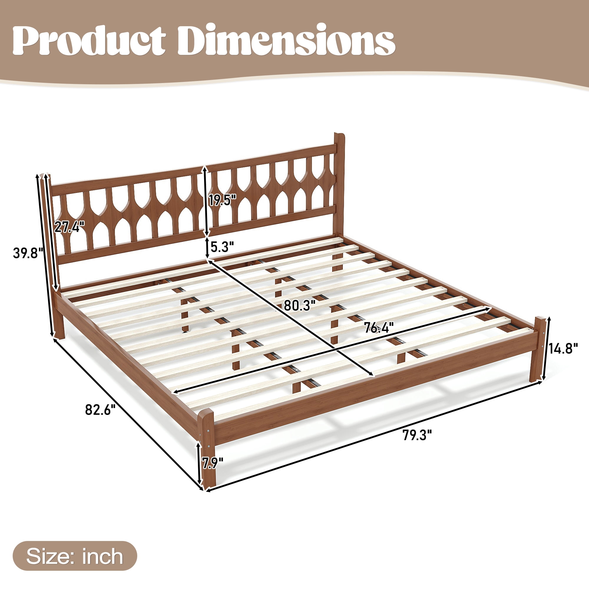 Miniyam King Size Bamboo Platform Bed Frame with Geometric Headboard, Brown