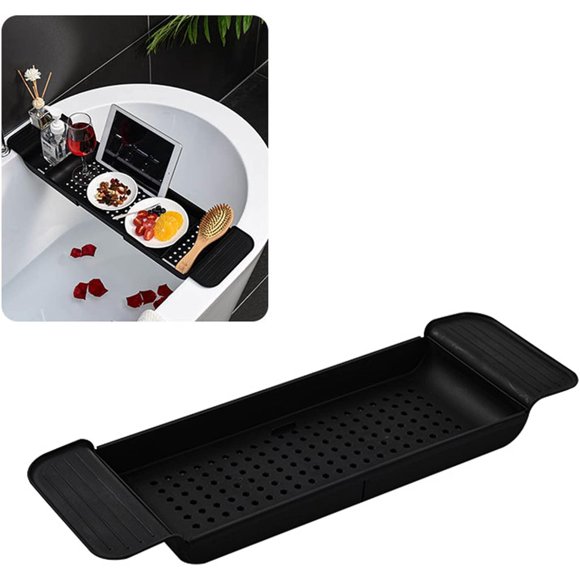 Expandable Bathtub Caddy Tray, Bath Bridge Tray Drain Bath Shelf Caddy Tray Plastic Bathtub Tray Book Phone Pad Holder Plastic Drain Bath Tub Tray Table Bath Shelf Tub Board Organizer Trays(Black)