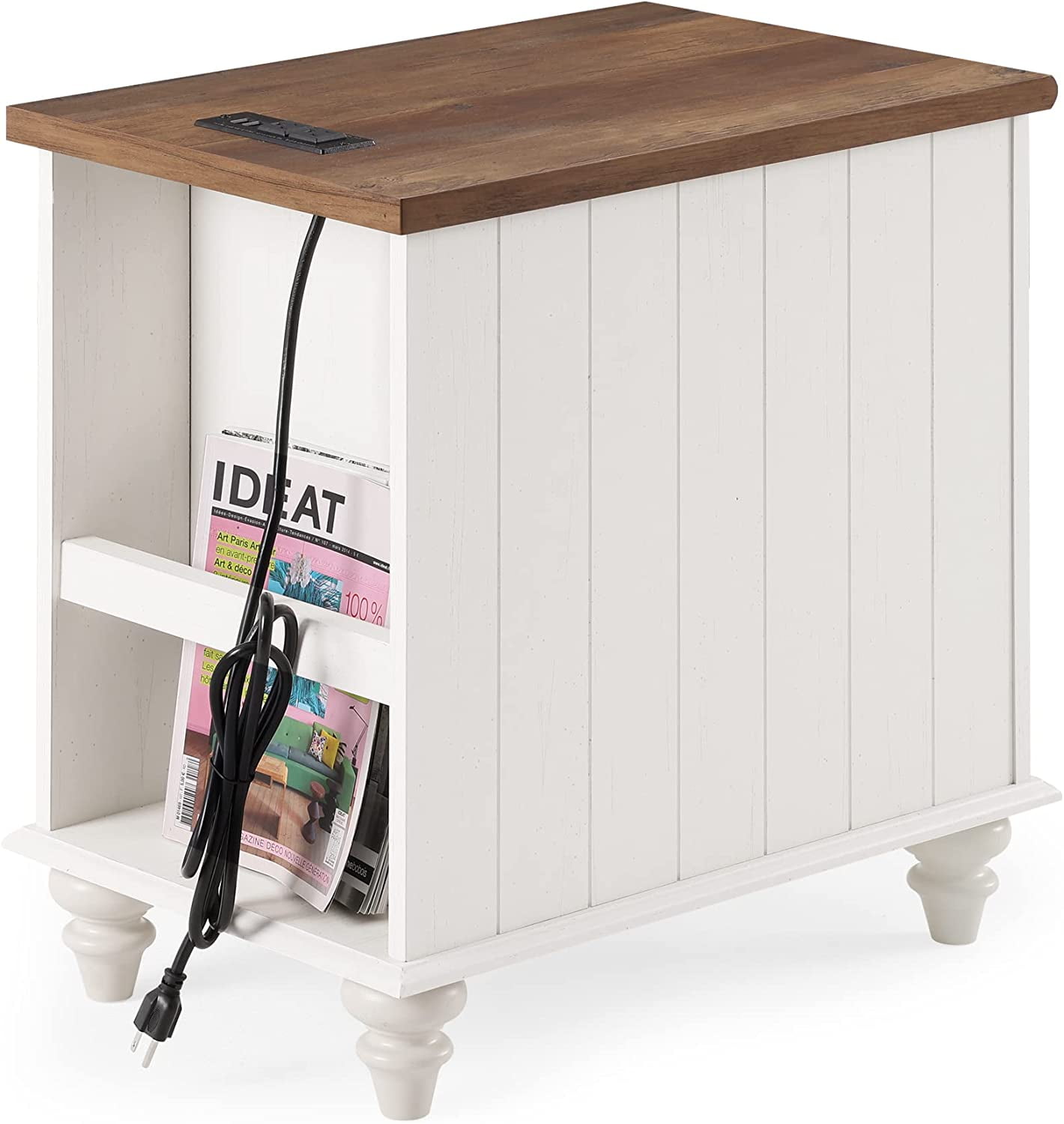 End Table with Charging Station&USB Port, Side Table with Storage Drawers for Living Room, Bedroom, White