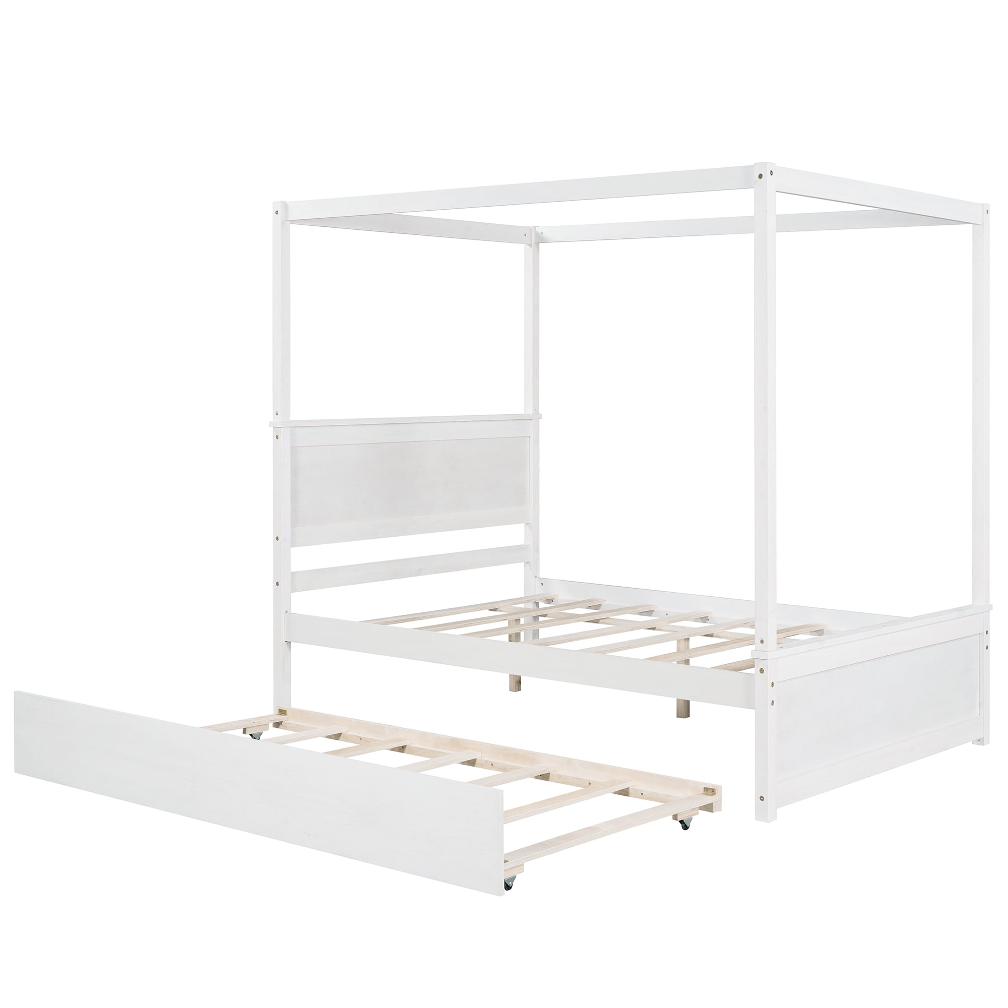 Gewnee Wood Canopy Bed ,Full Size Platform Bed Frame with Trundle and Headboard,White