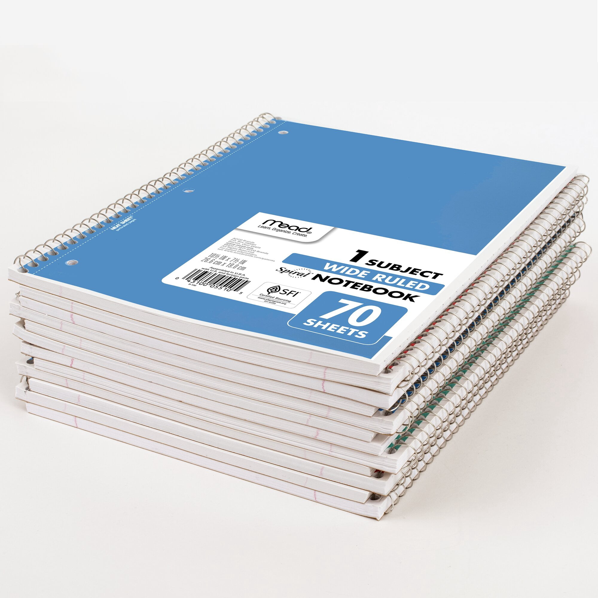 Mead Spiral Notebook, 1 Subject, Wide Ruled, 10.5" x 7.5", 70 Sheets, 12 Pack, Assorted Colors