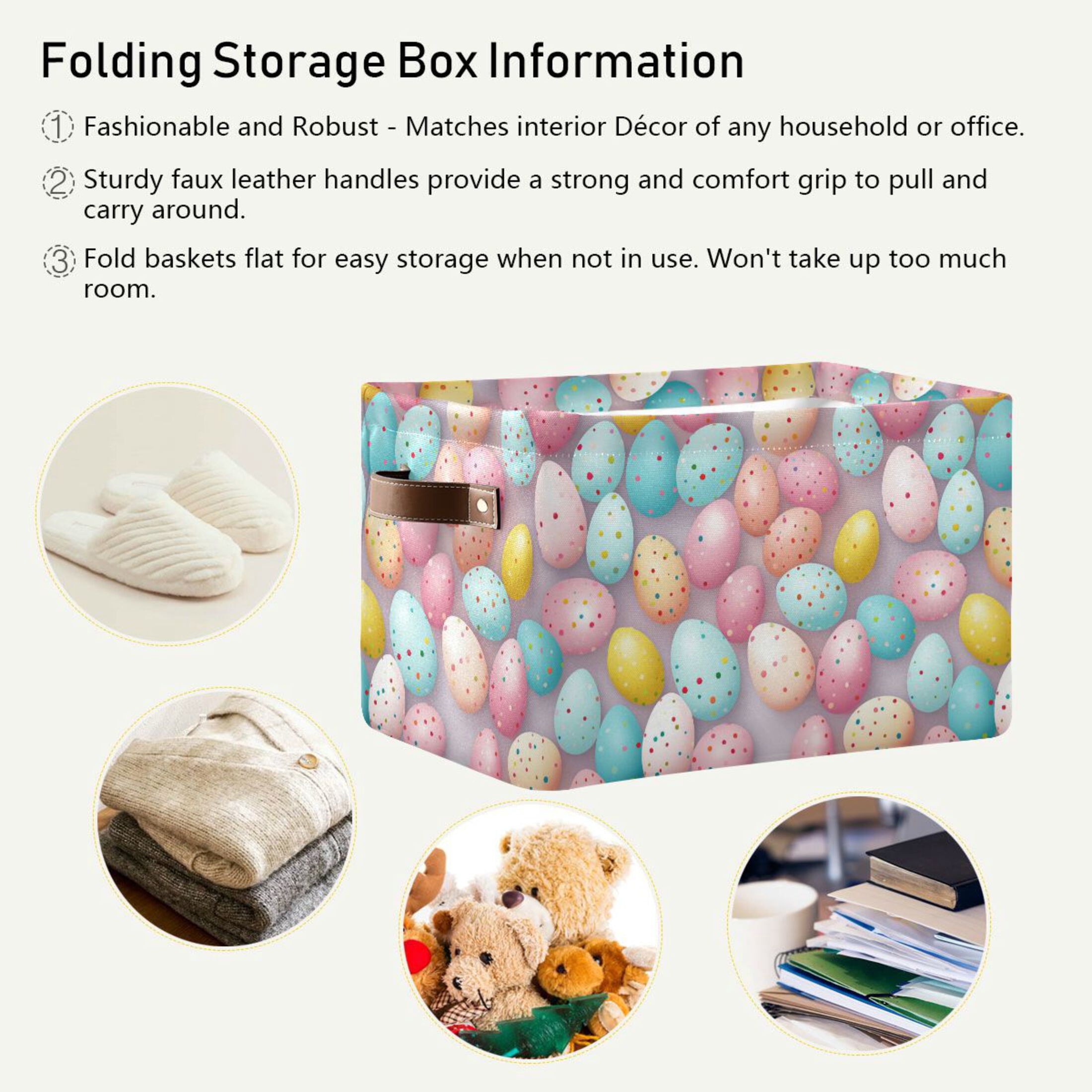 Easter Eggs with Colorful Dots Storage Bins with Handle Fabric Organizer Basket Foldable Box 2 Pack 14.2x10.2x8.3