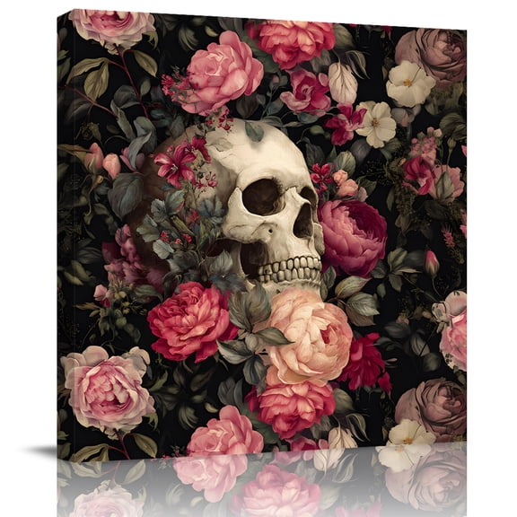 Wall Art Prints, Halloween Framed Canvas Prints for Bedroom Living Room Bathroom Office, Horror Skull Retro Red Pink Rose Floral Gallery Wrap Wall Art Poster for Gifts Home Decor 12"x12"