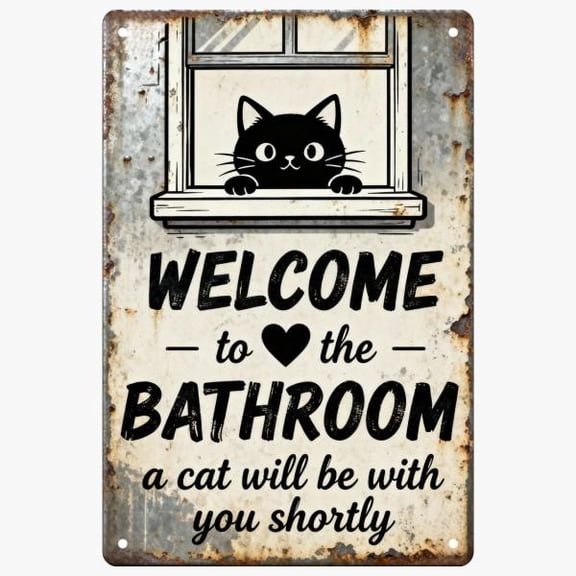 8*12inch Metal Tin Sign Funnysign Cat Lovers Gifts Welcome To The Bathroom A Cat Will Be With You Tin Sign For Bathroom Toilet Decor-Hanging,High-Quality Metal,girl bathroom decor, cat wall art