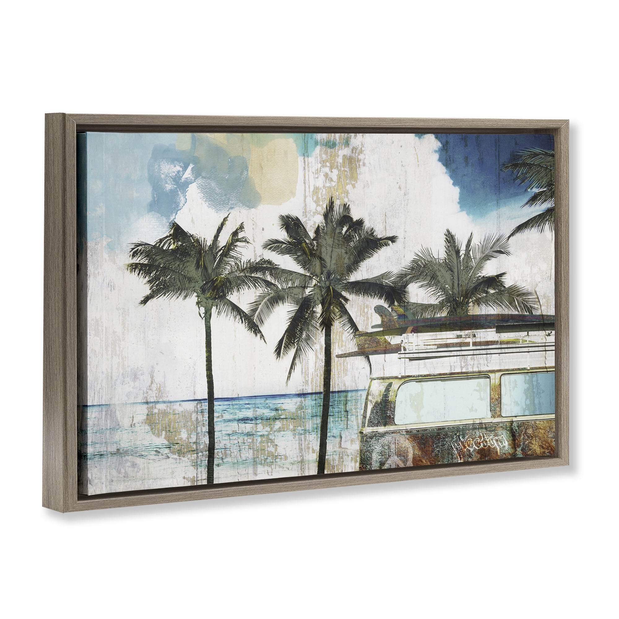 Beach Day Retro Vacation Brown Framed Floater Canvas Wall Art, design by Sasha