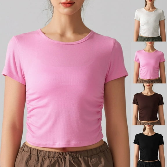 Olyvenn Crop Tops for Women Short Sleeve Yoga Shirts Crew Neck Slim Solid Shirt Fashion Summer Casual Basic Shirts Black M