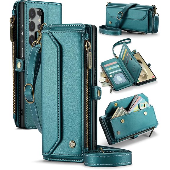 KOMI for Samsung S24 Ultra Case with RFID Blocking for Samsung Galaxy S24 Ultra Wallet Case for Women Men, PU Leather Magnetic Flip Strap Zipper Card Holder Phone Case for Galaxy S24 Ultra Blue-Green