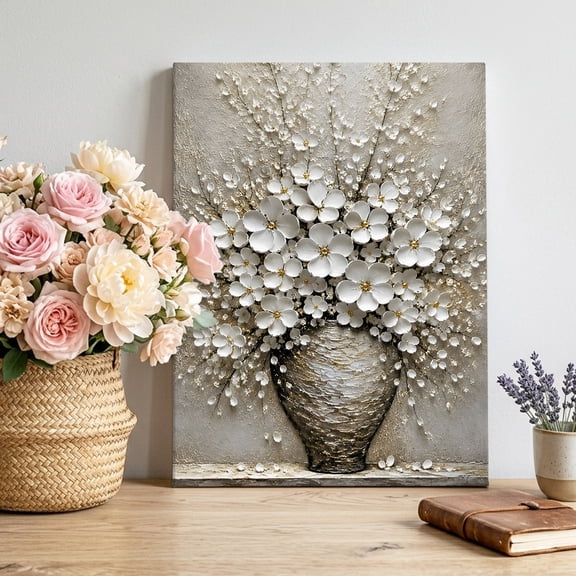 Canvas Wall Art White Floral Canvas Art Print Rustic Flower Vase Impasto Palette Knife Textured Pictures Wall Decor for Living Room Bedroom Artwork Decorations Stretched Framed Ready to Hang 16"x24"