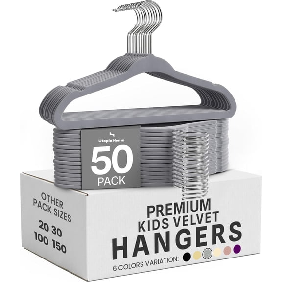 Utopia Home Kids Velvet Hanger 50 Pack – 11" Premium Baby Hangers - Grey | Premium Non-Slip Baby Hangers for Baby and Toddlers, Durable Ultra-Slim Space-Saving Closet Organizers