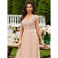 thumbnail image 4 of Champagne V-Neck Sequin Lace Short Sleeve A-Line Evening Gown, 4 of 25