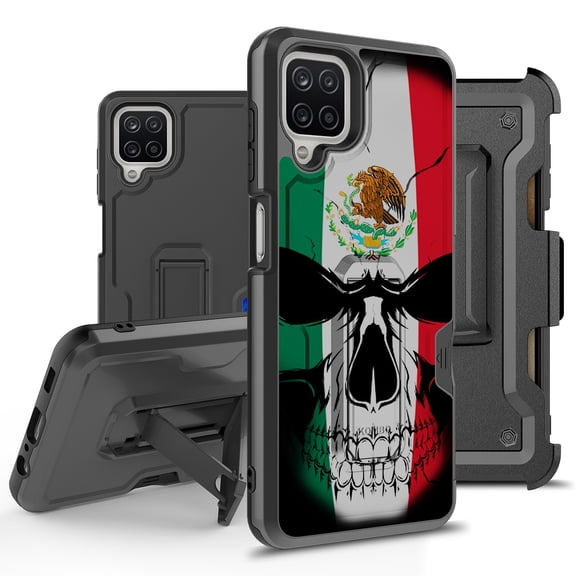 ANJ  Rugged Hybrid Shockproof Case w/Kickstand   Holster Clip Card Slot Cover for Samsung Galaxy A12 (2021 Release) - Mexican Skullcap