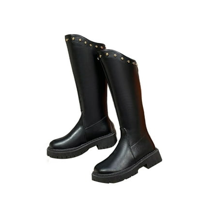 

Colisha Ladies Casual Rivets Tall Boot Dress Waterproof Winter Knee High Shoes Office Fashion Black 5.5