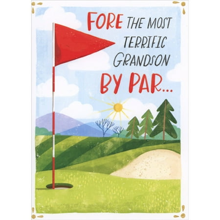 Designer Greetings Fore the Most Terrific Grandson by Par: Red Flag on Golf Green Humorous / Funny Father's Day Card for Grandson