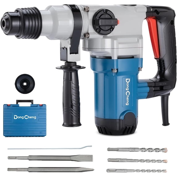 Restored DongCheng 1-1/8 Inch SDS-Plus Rotary Hammer with 9.2A Motor, 3.6J Impact Energy, 5,000 BPM for Concrete & Demolition, Includes 3 Drill Bits, 2 Chisels, Case (Refurbished)