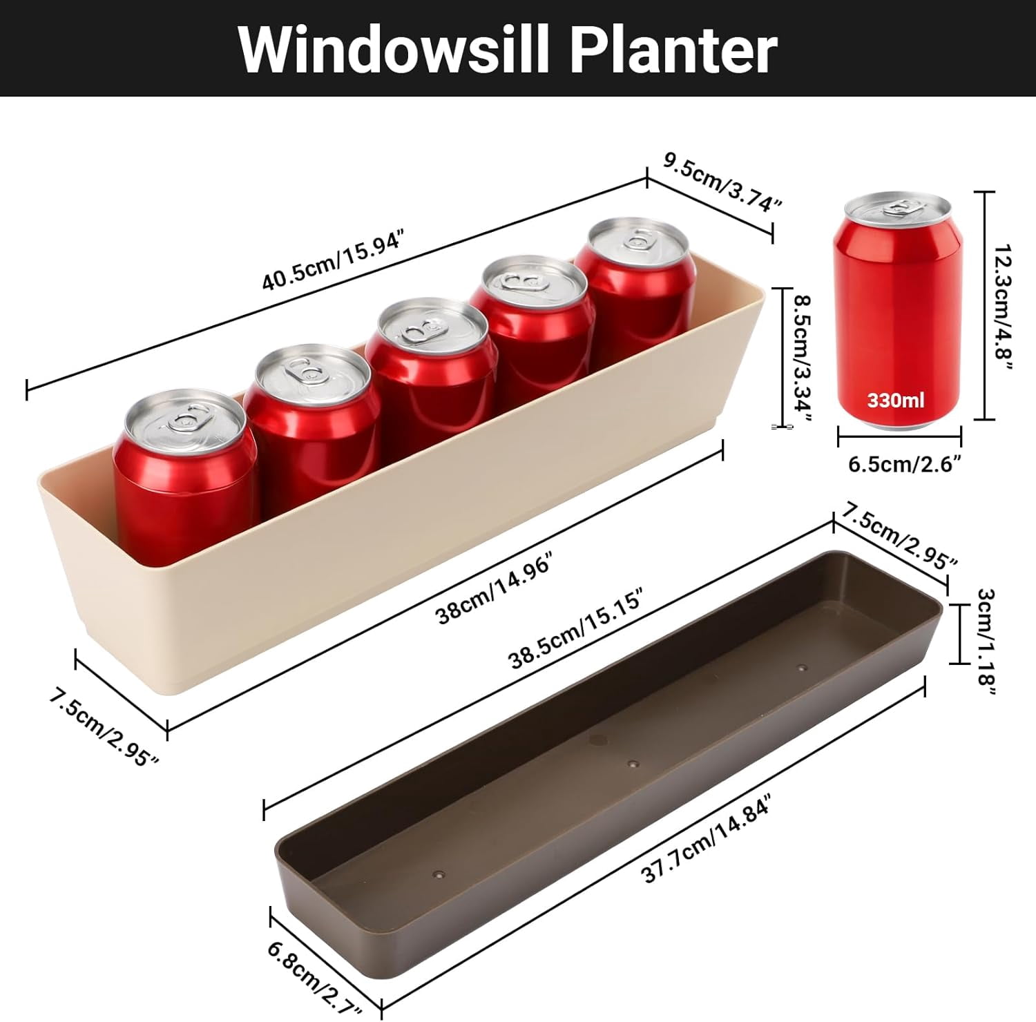 Window Boxes, 1 Pack 16 x3.8 Inch Indoor Rectangle Planter, Herb Succulent Cactus Window Box with Saucer, Modern Plastic Plant Pot for Windowsill, Garden Balcony, Home Office Outdoor Decor