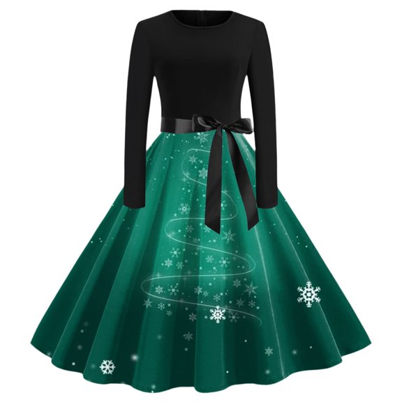 Women Christmas Outfit Festive Floral Print Ladies Casual Dress with Crew Neck and Long Sleeves for Holiday Season Green S