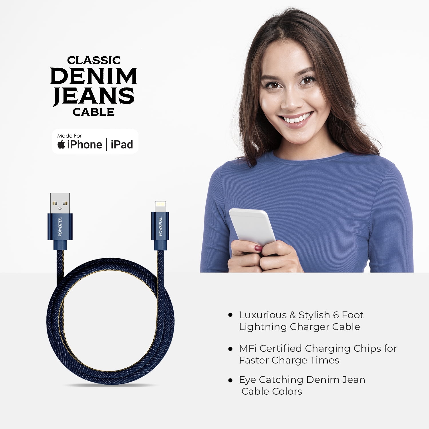 Liquipel Powertek 6' USB-A to Lightning Cable, Dark Blue