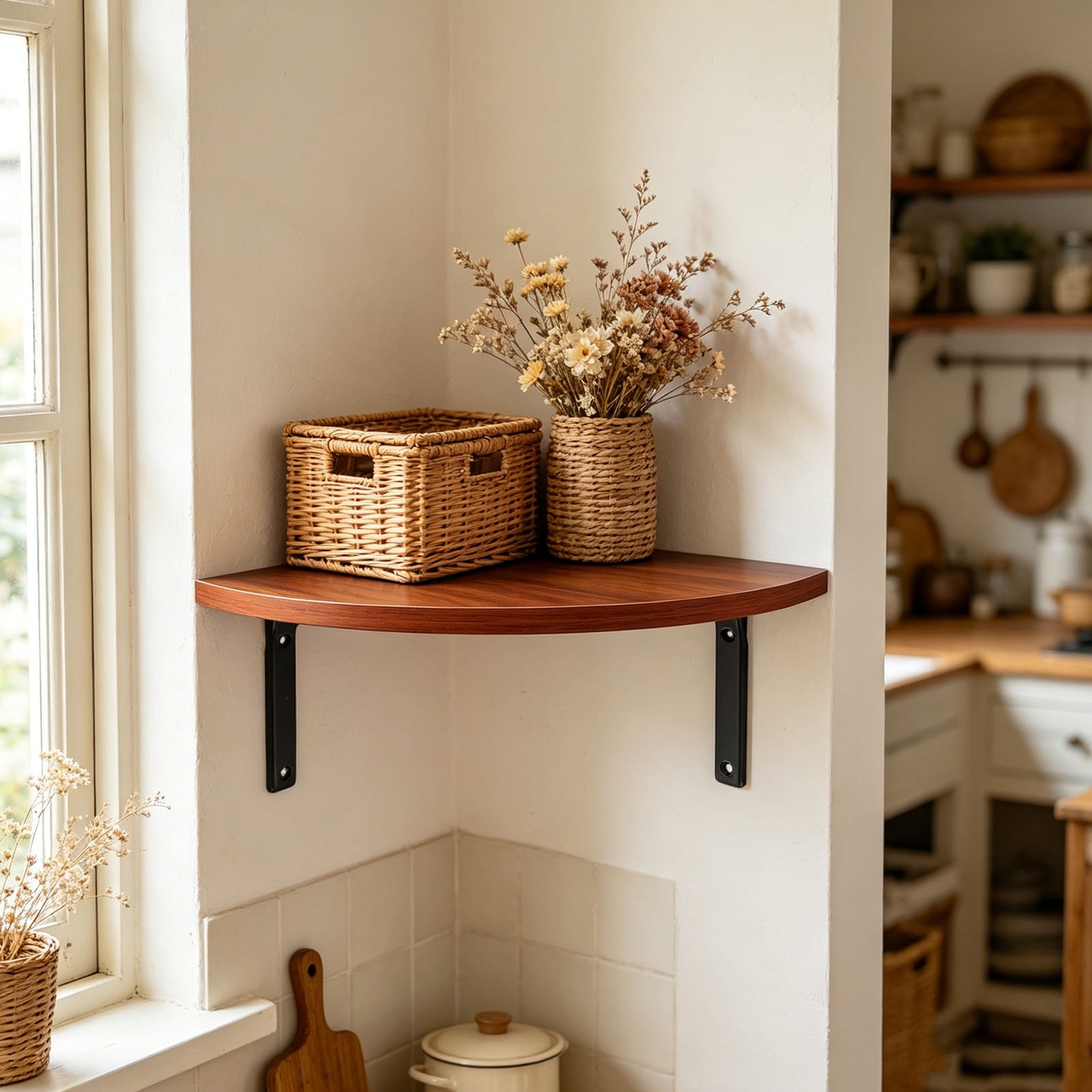 NICERIO Brown Wood Floating Corner Shelf Wall Mount Space Saving Storage for Kitchen Bathroom Home