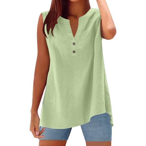 Camisa sin mangas con cierre de botones para mujer para el verano: informal para el día a día, color liso, versátil con vaqueros/pantalones.