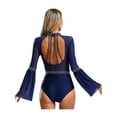 thumbnail image 2 of TSSOE Womens Mesh Flare Sleeve Bodysuit Mock Neck Sheer Leotard Gymnastics Figure Skating Dancewear Navy Blue XXL, 2 of 7