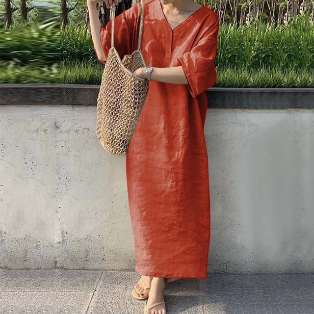 SMihono Robe Maxi Bohème d'Été pour Femmes Grande Taille Robe Décontractée Col Rabattu Manches Courtes Unie Robe de Plage