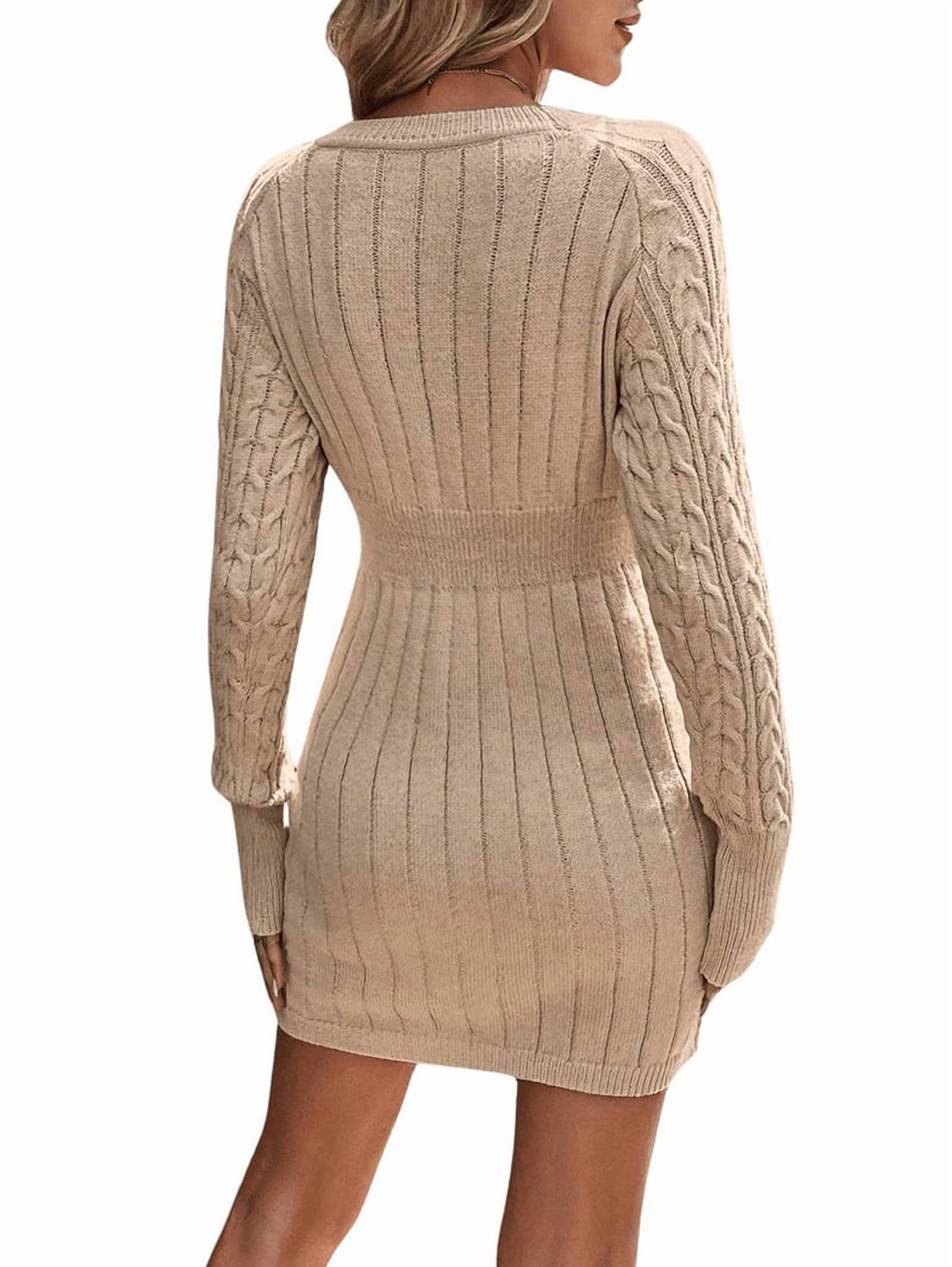 Women'S Cable Knit Sweater Dress Long Sleeve Knit Fall Winter Dresses Crewneck Mini Pencil Dresses Khaki M