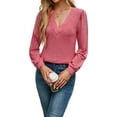 thumbnail image 3 of Womens V Neck Long Sleeve Tops Dressy Casual Fall Shirts Puff Sleeve Loose Tunic Trendy Tops Blouses Pink L, 3 of 9
